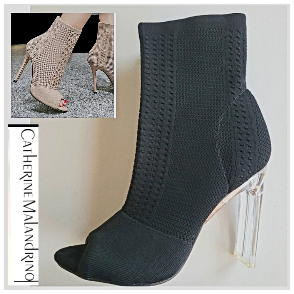 Catherine Malandrino Black Open Toe Knit Booties; Lucite Heel